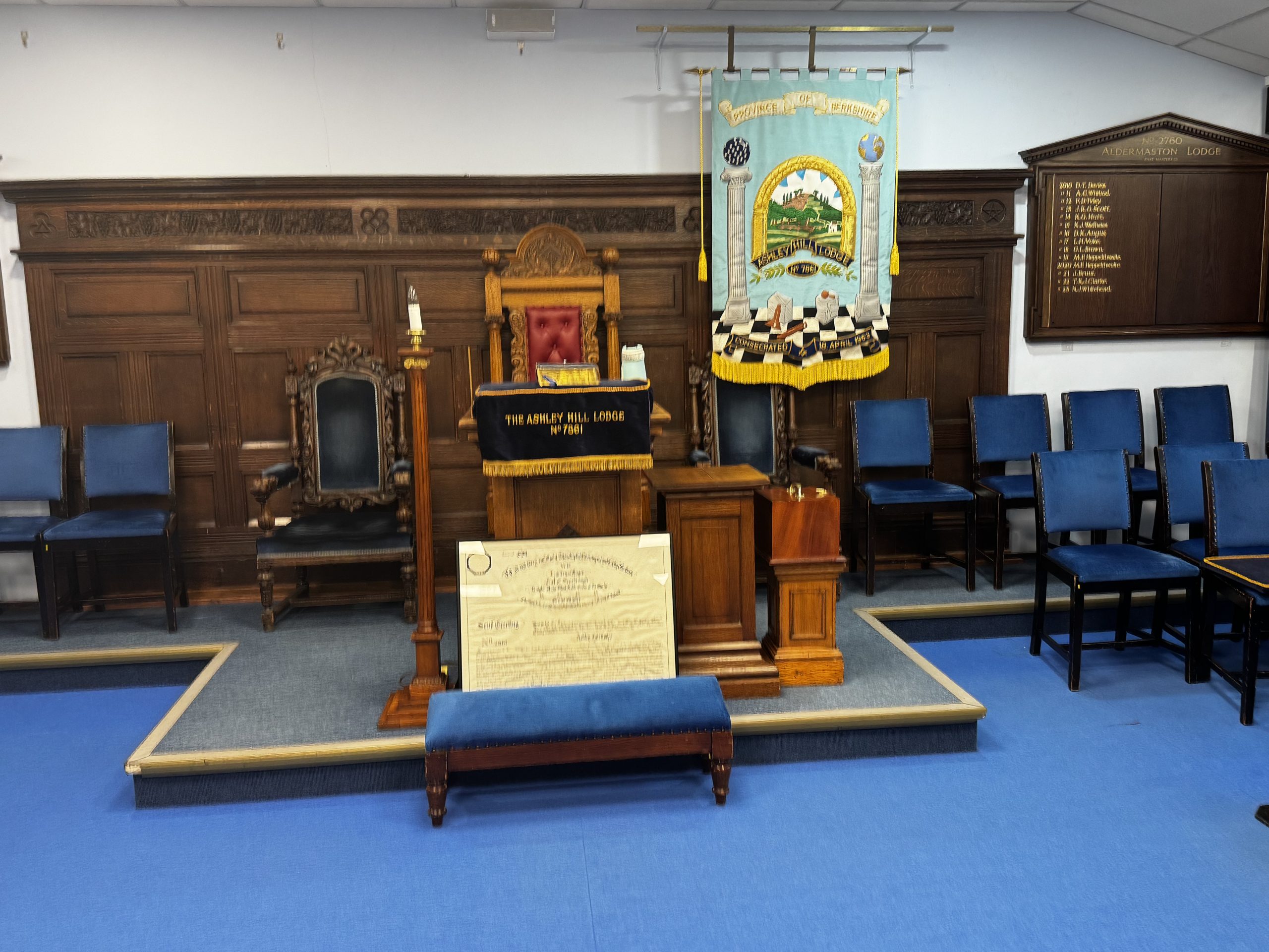 The lodge room set for a meeting, with the Ashley Hill banner